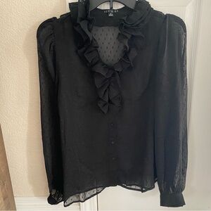 Story On Swiss dot Black Long Sleeve Ruffle Blouse Sz S